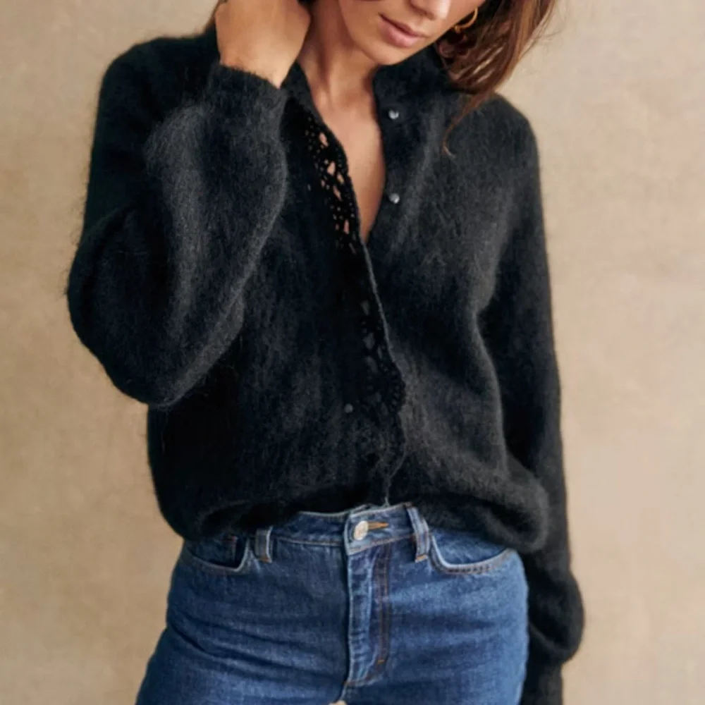 Sézane Angie Balloon Sleeve Button Front Cardigan Sweater Wool Kid Mohair Sz M - Picture 3 of 14